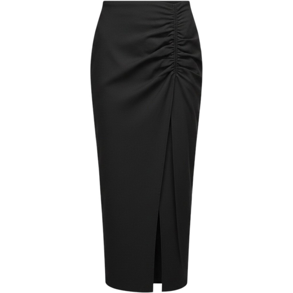 Mod on Trend Black Ruched Wrap Midi Skirt High Waisted Front Slit Size L
